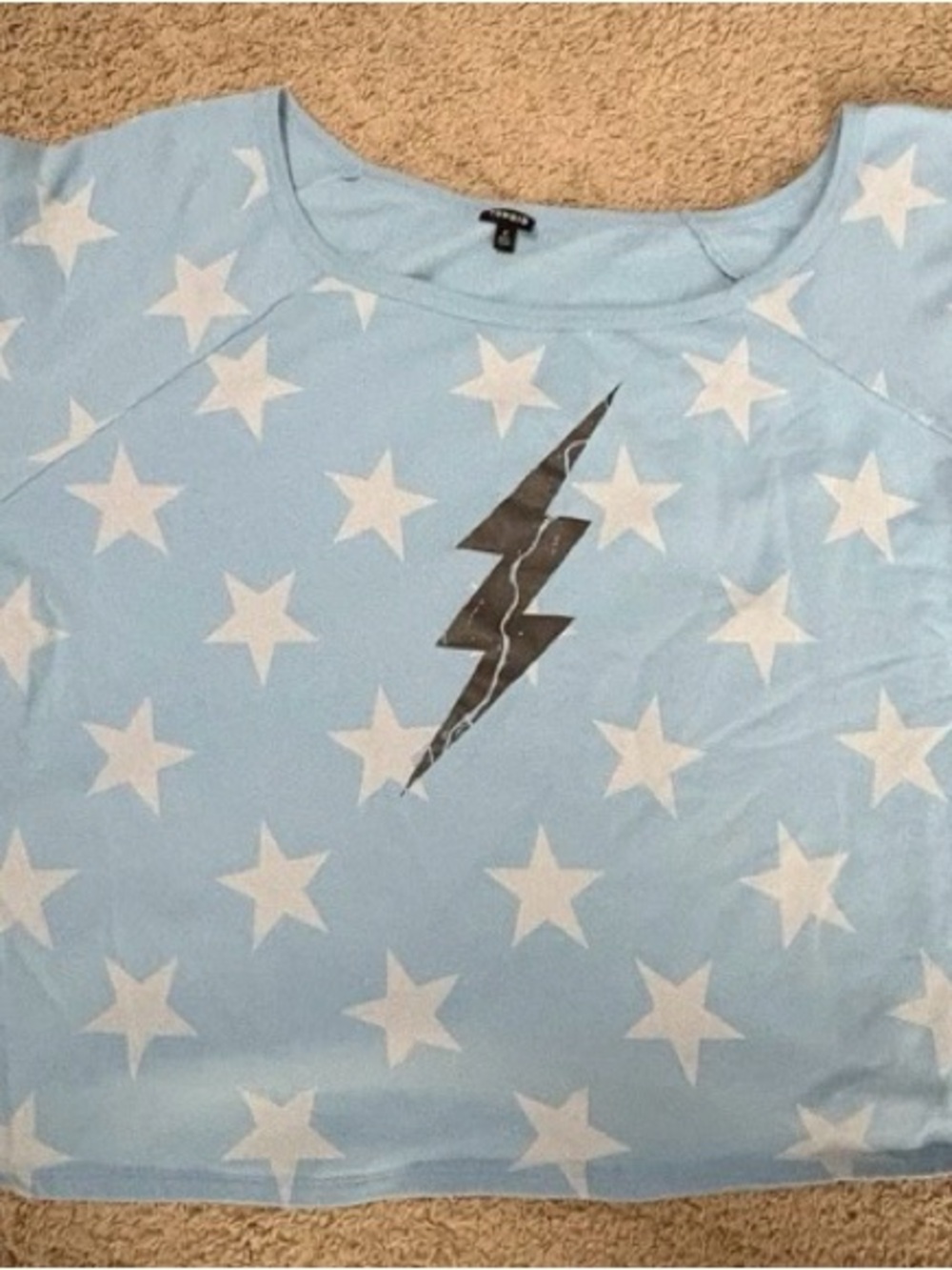 torrid Light Blue Star Print Off the Shoulder Sweatshirt w/Black Lightning Bolt
